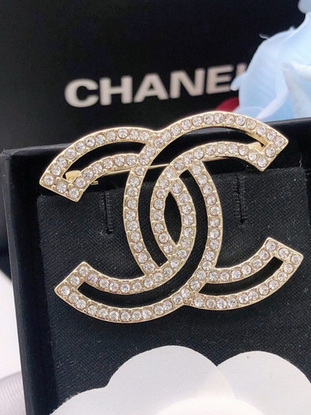 CHANEL Gold and Clear Crystal CC Logo Brooch